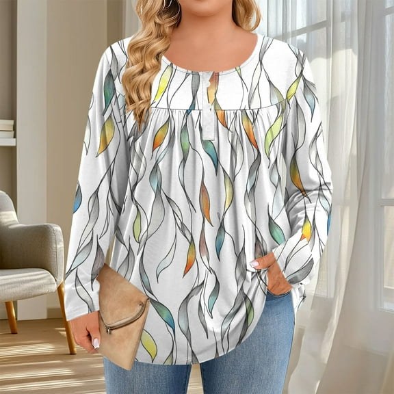 Pounoo Boho Tops for Women Floral Colorblock Round Neck Plus Size Clothes for Women with Button Tunics Fall Casual Pullover Loose Fit Basic Tshirt Gift