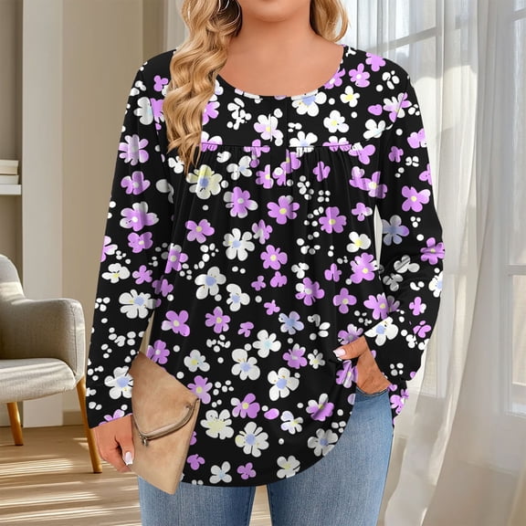 Pounoo Boho Tops for Women Floral Colorblock Round Neck Plus Size Clothes for Women with Button Tunics Fall Casual Pullover Loose Fit Basic Tshirt Gift