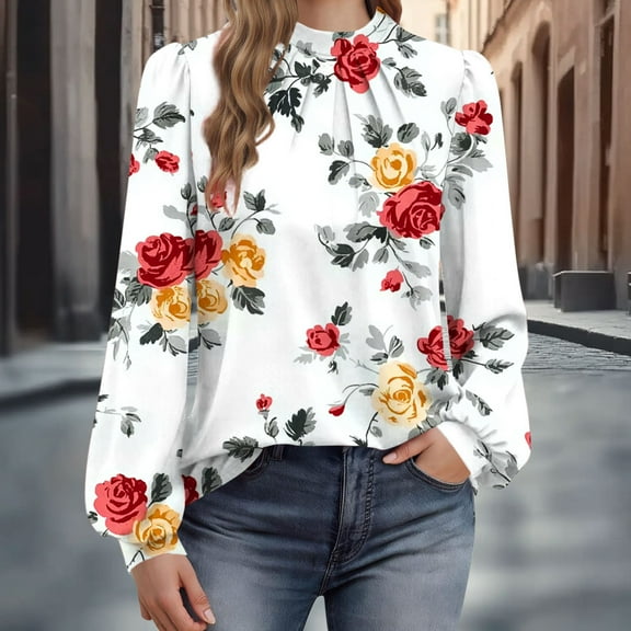 Pounoo Boho Tops for Women Floral Colorblock Round Neck Puff Sleeve Plus Size Clothes for Women Tunics Fall Casual Pullover Loose Fit Basic Tshirt Gift