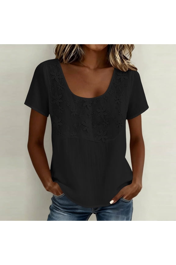 Boho Tops for Women U Neck Floral Embroidered Trim Short Sleeve Tops for Women Regular Fit Elegant Casual Tops for Women