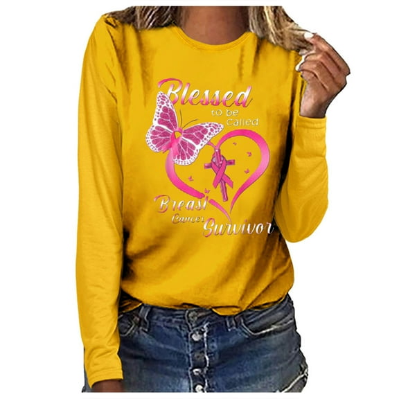 Pounoo Breast Cancer Survivor Long Sleeve Shirts for Women Cute Crewneck Butterfly Ribbon Tshirt Funny Clothing Items