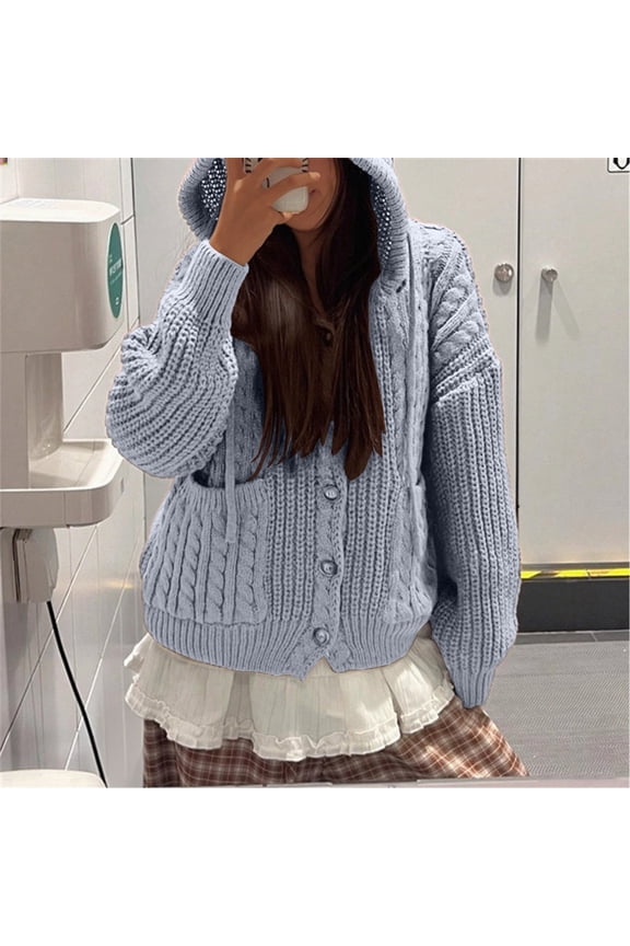Cable Thick Knit Cardigan Sweaters for Women Long Sleeve Buttons Down Warm Coat with Pocket Open Front Sweater Hooded