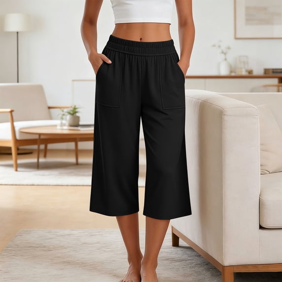 Pounoo Capri Pants Women High Elastic Waist Solid Color Drawstring Closure Wide Fit Bottoms Summer Casual Style Airy Breathable Trousers