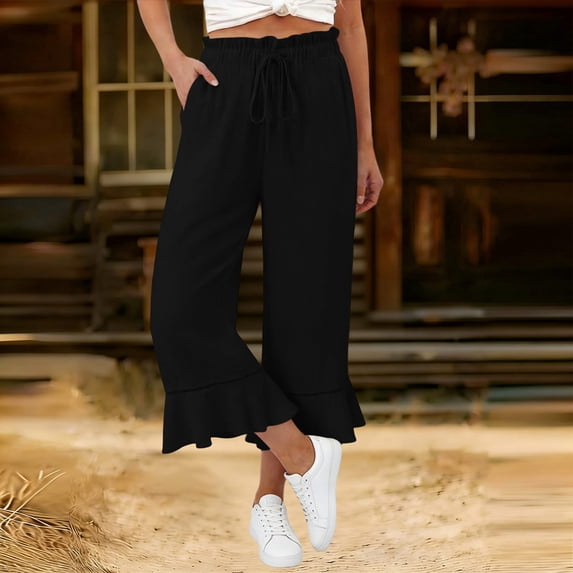 Pounoo Capri Pants for Women Elastic Drawstring Waist Ruffle Hem Trousers Soft Daily Style Lightweight Airy Loose-Fit Pants Gift