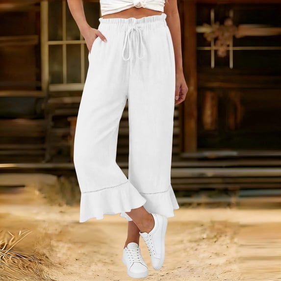 Pounoo Capri Pants for Women Elastic Drawstring Waist Ruffle Hem Trousers Soft Daily Style Lightweight Airy Loose-Fit Pants Gift