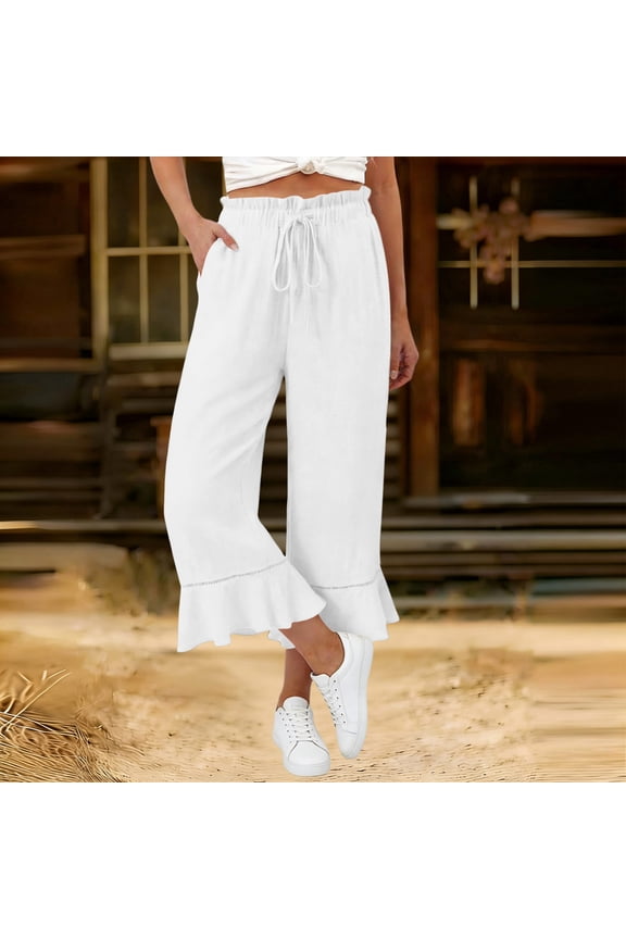 Capri Pants for Women Elastic Drawstring Waist Ruffle Hem Trousers Soft Daily Style Lightweight Airy Loose-Fit Pants Gift