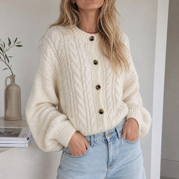 Pounoo Cardigan Sweaters for Women Crew Neck Long Sleeve Cable Twist Knit Button Front Plain Relaxed Fit Daily Wear Soft Cotton Sweaters for Women
