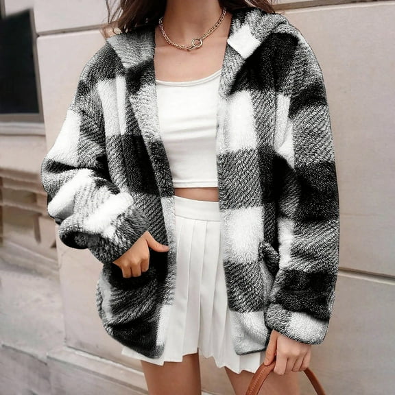 Pounoo Cardigan for Women Plaid Sherpa Fuzzy Fleece Jacket Open Front Hooded Jacket Fall Winter Coats for Women Gift