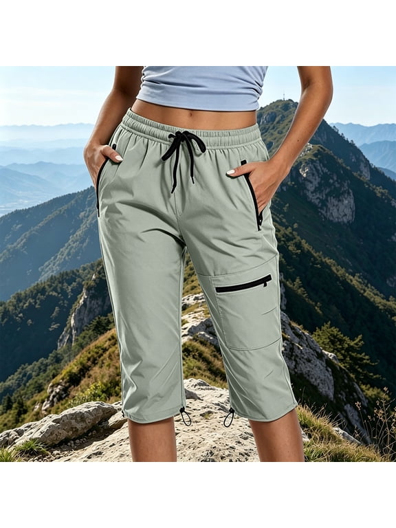 Cargo Pants Women Elastic Drawstring Waist Multi Zip Cargo Pocket Plain Detail Loose Fit Capri Outdoor Stretchy Hiking Pants Women Gift