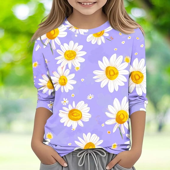 Pounoo Casual Sweatshirts for Girls 3/4 Sleeve Shirts Round Neck Print Skin-Friendly Sweaters for Kids Sweatshirts for Teens