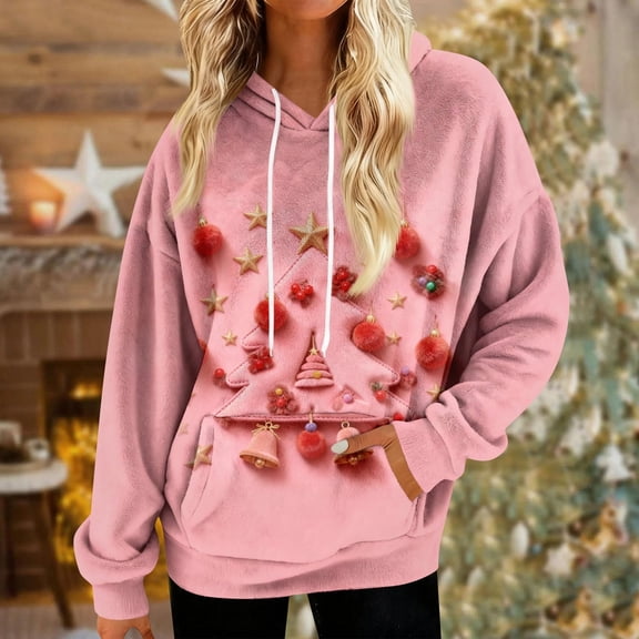Pounoo Christmas Hoodies for Women Fleece Fuzzy Lined Funny Christmas Tree Santa Xmas Print Graphic Ugly Sweatshirts with Pockets Gift