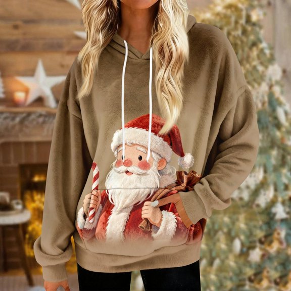 Pounoo Christmas Hoodies for Women Fleece Fuzzy Lined Funny Christmas Tree Santa Xmas Print Graphic Ugly Sweatshirts with Pockets Gift