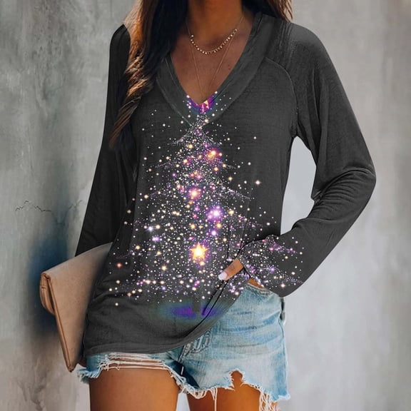 Pounoo Christmas Long Sleeve Shirts for Women Christmas Tree V Neck Xmas Graphic Print Sweatshirt Outfit Fitted Comfy Soft Tops Gift