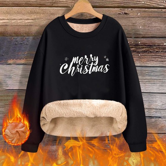 Pounoo Christmas Sweatshirts for Women Christmas Tree Print Graphic Xmas Fleece Lined Long Sleeve Shirts for Women Xmas Holiday Pullover Tops Gift