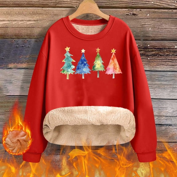 Pounoo Christmas Sweatshirts for Women Christmas Tree Print Graphic Xmas Fleece Lined Long Sleeve Shirts for Women Xmas Holiday Pullover Tops Gift