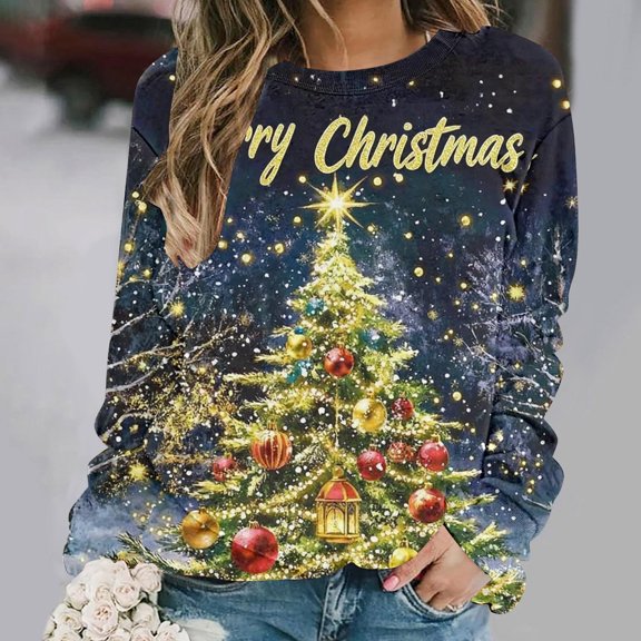 Pounoo Christmas Tree Christmas Sweatshirt for Women Xmas Holiday Cute Print Crewneck Long Raglan Sleeve Pullover Top Fall Clothes Gift