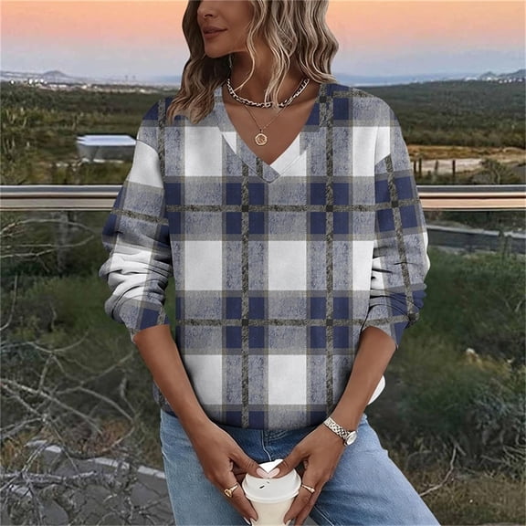Pounoo Colorblock V Neck Sweatshirt for Women Striped Plus Size Clothes for Women Plaid Long Sleeve Shirts Casual Fall Winter Tunic Tops Gift