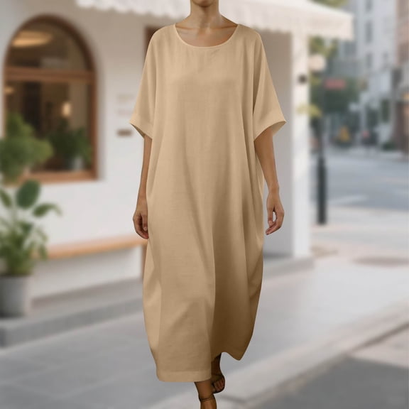 Pounoo Cotton Linen Dress for Women Summer Pleated Flowy Swing Short Sleeve Maxi Dress Round Neck Solid Color Plain Beach Long Dress Stylish Summer Gift