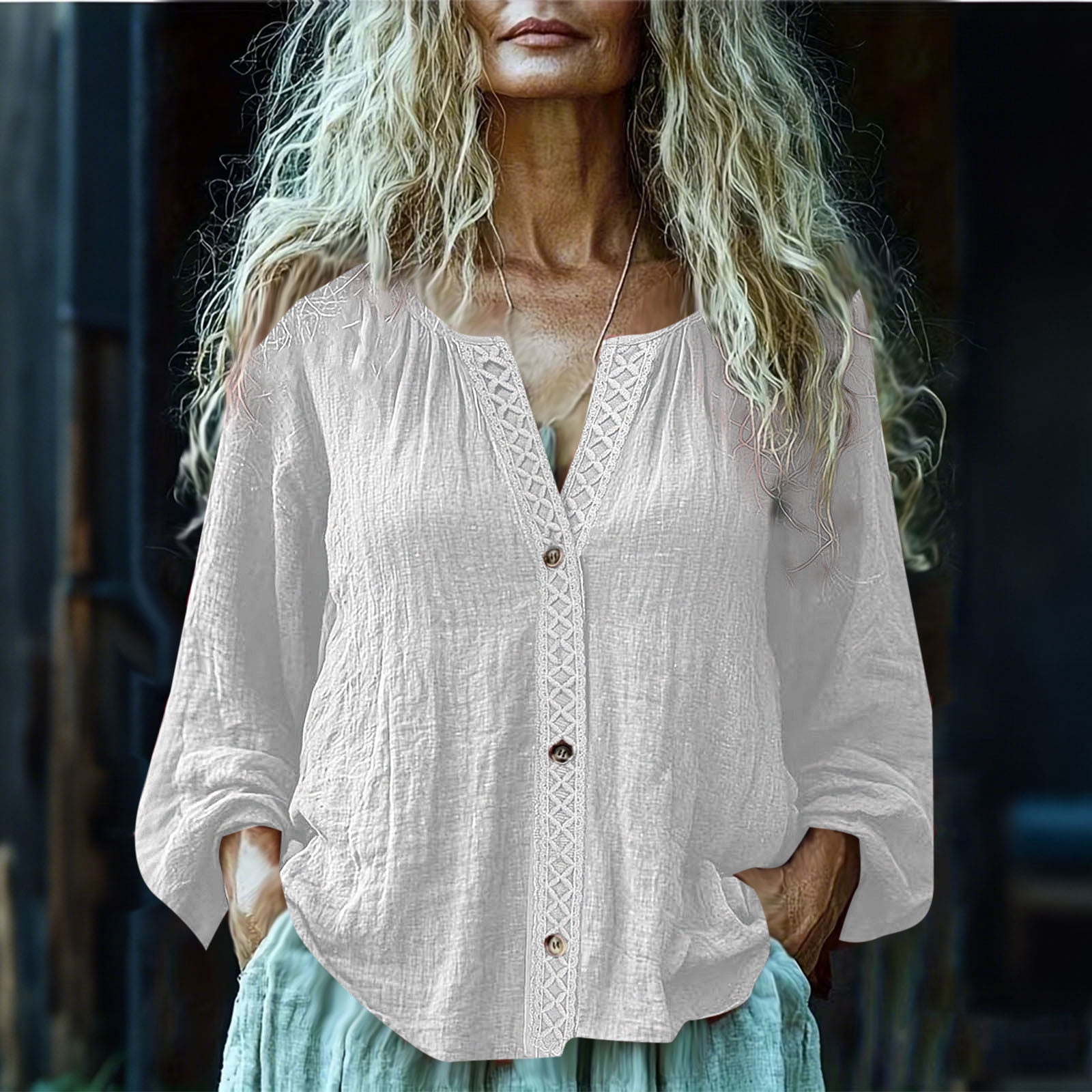 Pounoo Cotton Linen Long Sleeve Shirts for Women Boho V-Neck Button ...
