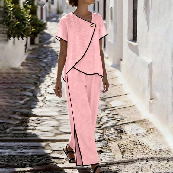 Pounoo Cotton Sets for Women 2 Piece Asymmetric Wrap Neck Single Button Short Sleeve Tops Contrast Edge Wide Leg Pants Casual Daily Outfits Gift