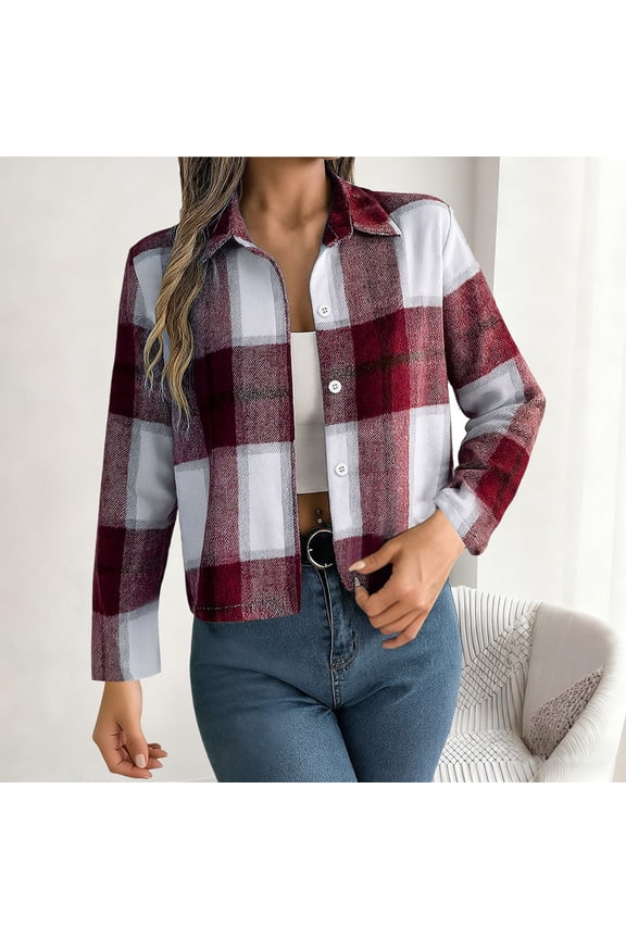 Cropped Jacket for Women Plaid Button Down Stand Collar Long Sleeve Shackets Bomber Jacket Coats with Pockets