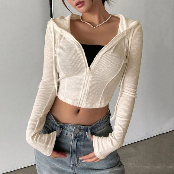 Pounoo Cropped Zip Up Hoodies for Women Lightweight Long Sleeve Rib Knit Slim Fit Jacket Trendy Fall Cloths Gift
