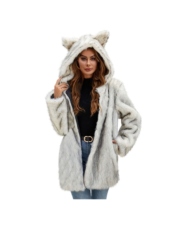 Cute Cat Ear Hoodies for Women Fuzzy Fleece Coat Hooded Open Front Cardigan Jacket Trendy Winter Jacket Gift
