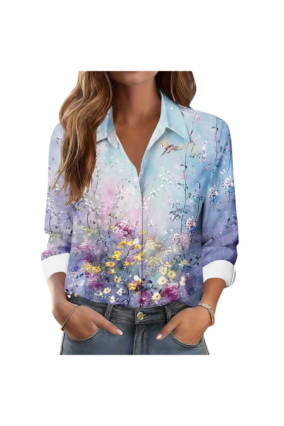 Cute Floral Printed Long Sleeve Shirts for Women Lapel Collar Button Down Dressy Blouse Business Casual Work Tops Gift