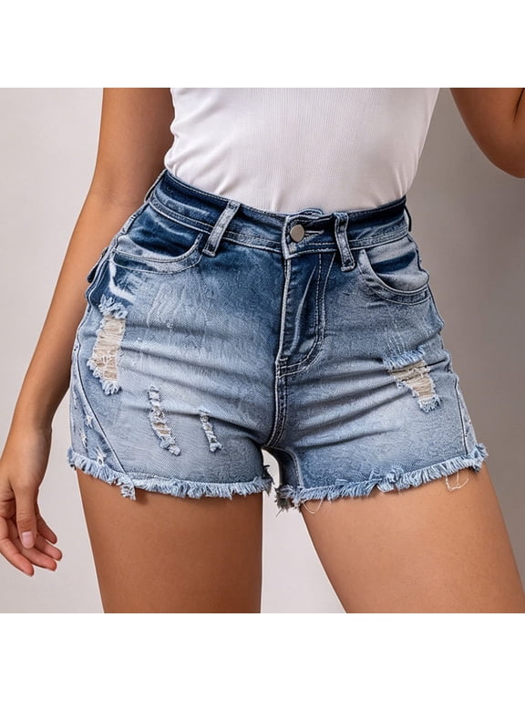 Denim Shorts for Women High Rise Plain Tone Ripped Design Loose Fit Pants Urban Daily Style Soft Comfortable Bottoms