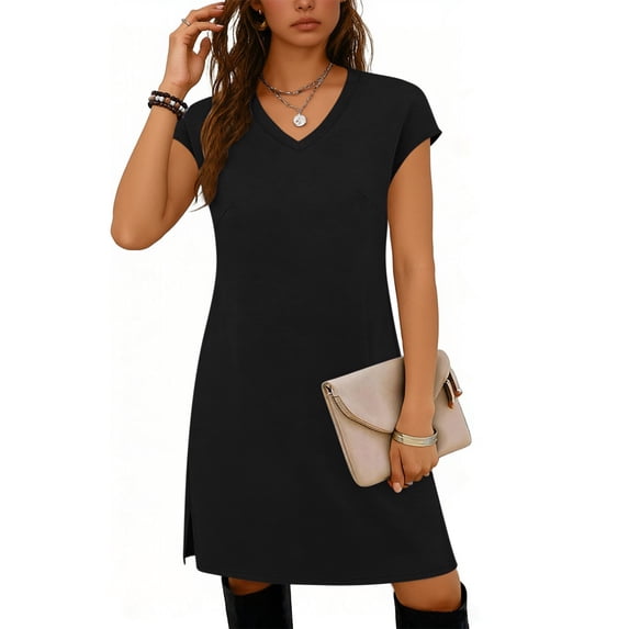 Pounoo Dresses for Women Short Sleeve V Neck Solid Color Casual Dresses for Women Office Commute Daily Wear Gift