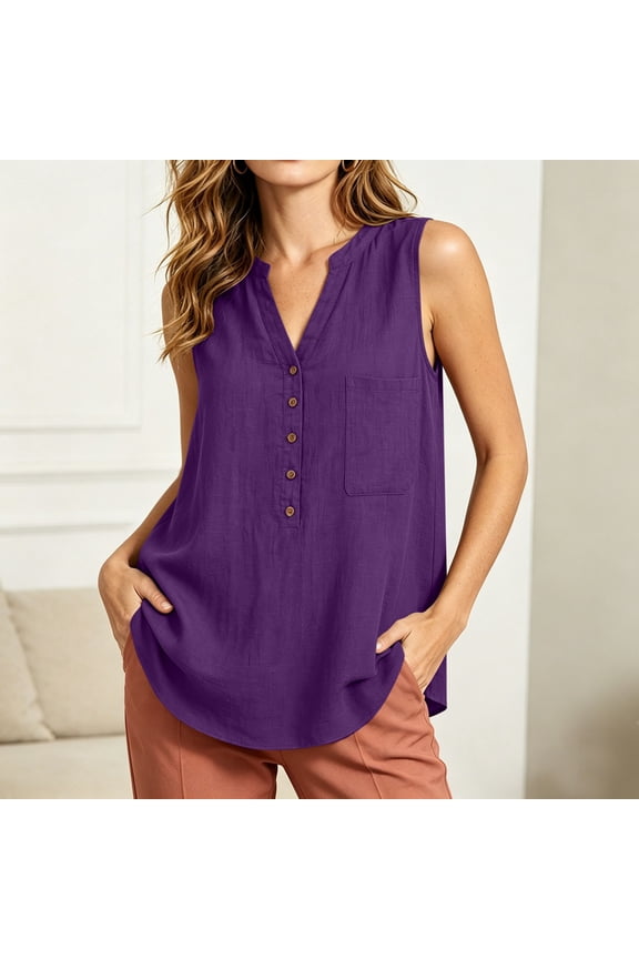 Everyday Tops for Women Stand Split V Neck Sleeveless Half Button Front Single Patch Pocket Plain Crinkle Camisole Tops for Women Relaxed Fit Lightweight Airy Womens Summer Tops