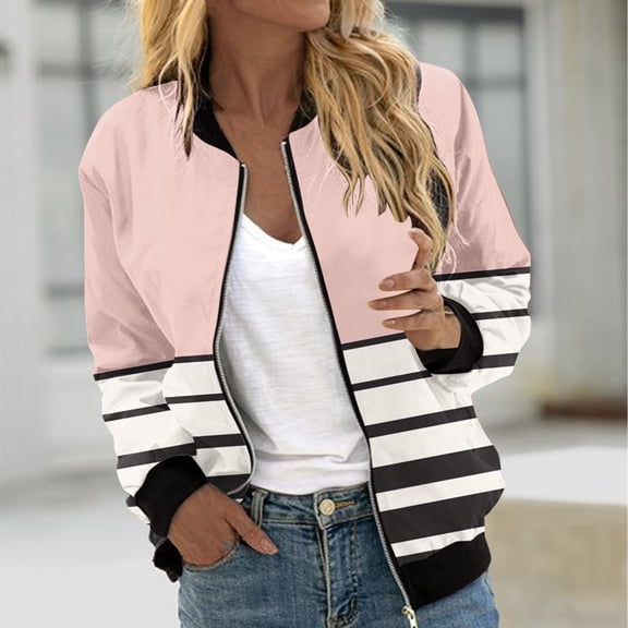 Pounoo Fall Fashion Must Haves Striped Zip Up Jackets for Women Floral Print Bomber Jacket Casual Vintage Coat Lightweight Long Sleeve Tops Gift