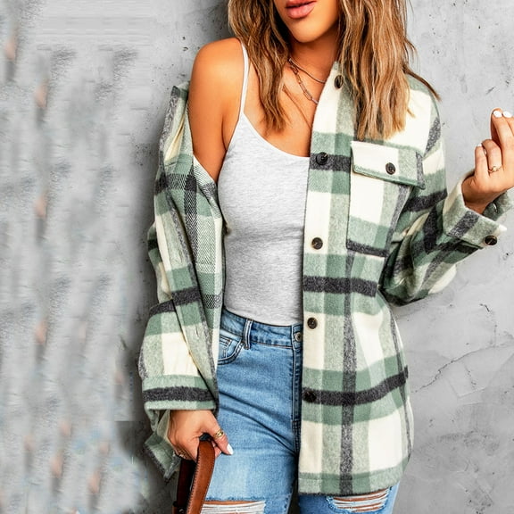 Pounoo Flannel Plaid Long Sleeve Shirts for Women Turn Down Collar Button Down Jacket with Pockets Early Fall Fashion Gift
