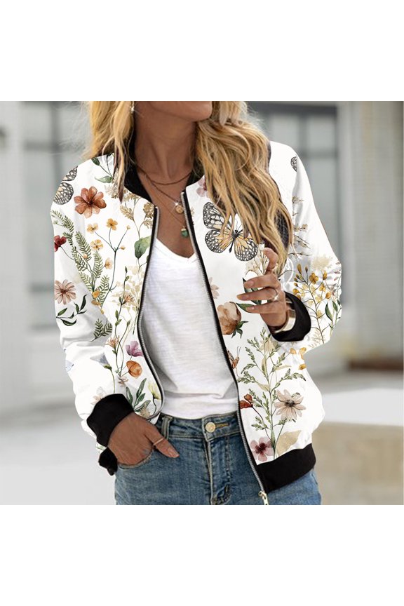 Floral Print Bomber Jackets for Women Zip Up Long Sleeve Coat Casual Vintage Lightweight Outwear Tops with Pockets Gift