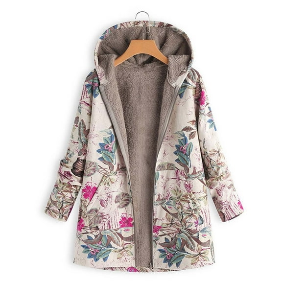 Pounoo Floral Print Patchwork Winter Clothing for Women Sherpa Fleece Lined Zip Up Hooded Jacket Warm Long Sleeve Fuzzy Coat with Pocket Gift