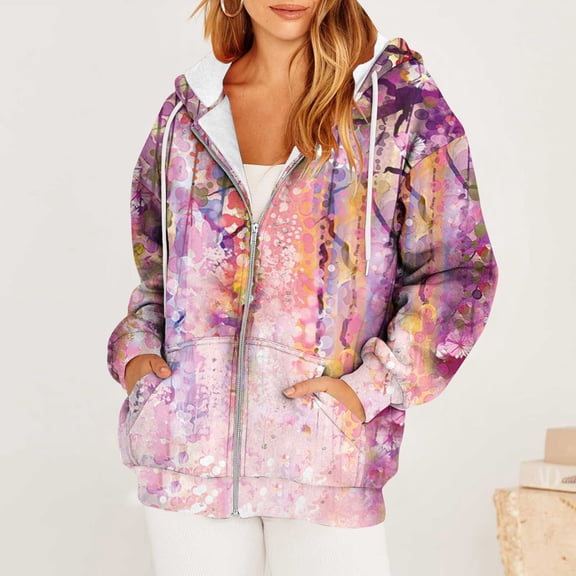 Pounoo Floral Zip Up Hoodies for Women Boho Tops for Women Casual Multiple Print Graphic Y2K Fall Hooded Jacket with Pockets Gift