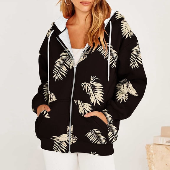 Pounoo Floral Zip Up Hoodies for Women Boho Tops for Women Casual Multiple Print Graphic Y2K Fall Hooded Jacket with Pockets Gift