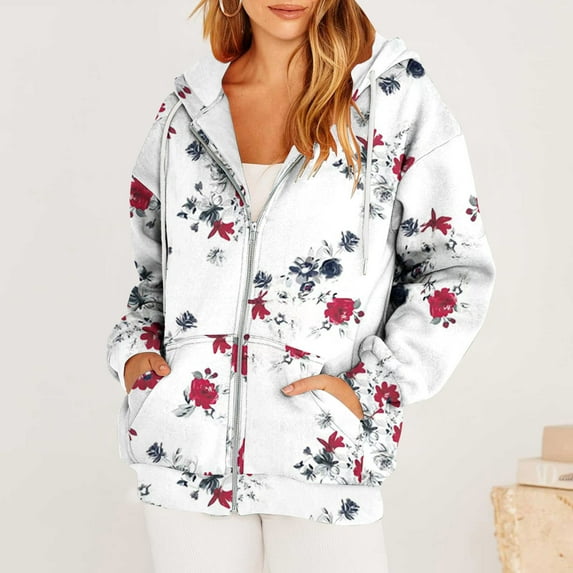 Pounoo Floral Zip Up Hoodies for Women Boho Tops for Women Casual Multiple Print Graphic Y2K Fall Hooded Jacket with Pockets Gift