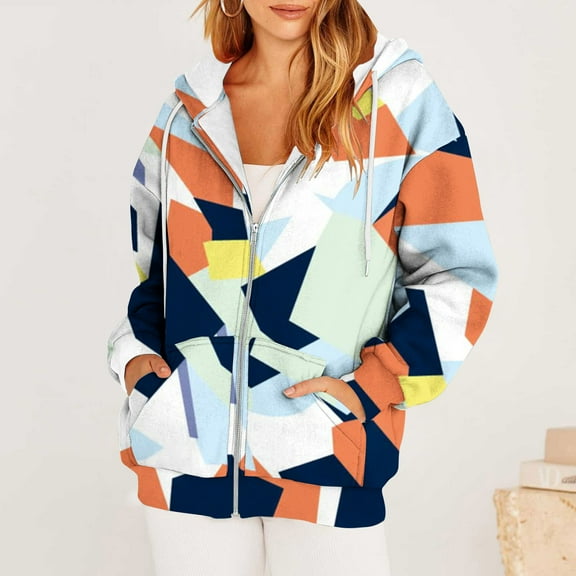 Pounoo Floral Zip Up Hoodies for Women Boho Tops for Women Casual Multiple Print Graphic Y2K Fall Hooded Jacket with Pockets Gift