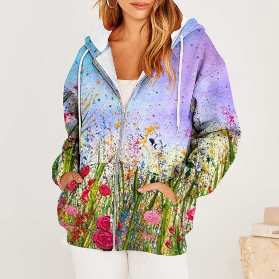 Pounoo Floral Zip Up Hoodies for Women Boho Tops for Women Casual Multiple Print Graphic Y2K Fall Hooded Jacket with Pockets Gift