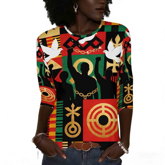 Pounoo Freedom Graphic Shirts for Women Summer Vintage 3/4 Sleeve Crew Neck Tops Casual Pride Celebrating Holiday Month Shirt Gift