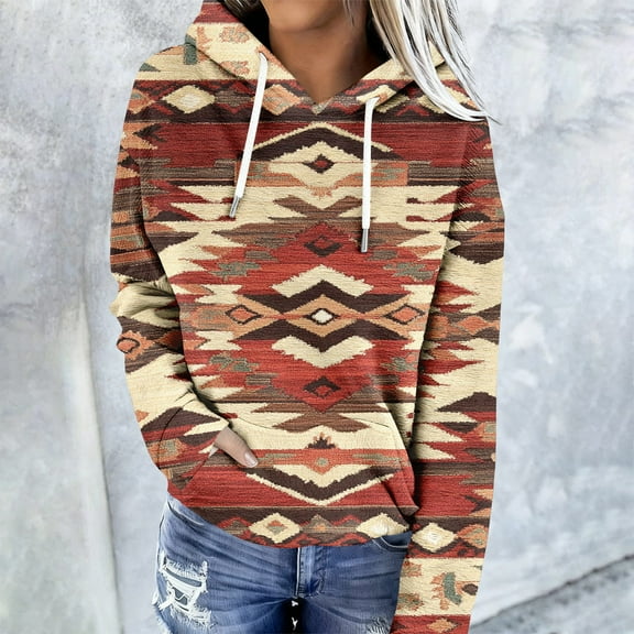 Pounoo Geometric Aztec Hoodies for Women Aztec Ethnic Vintage Rhombus Print Long Sleeve Sweatshirts Geometric Graphic Pullover Tops Gift