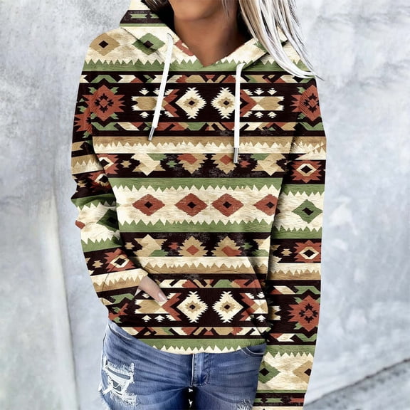 Pounoo Geometric Aztec Hoodies for Women Aztec Ethnic Vintage Rhombus Print Long Sleeve Sweatshirts Geometric Graphic Pullover Tops Gift