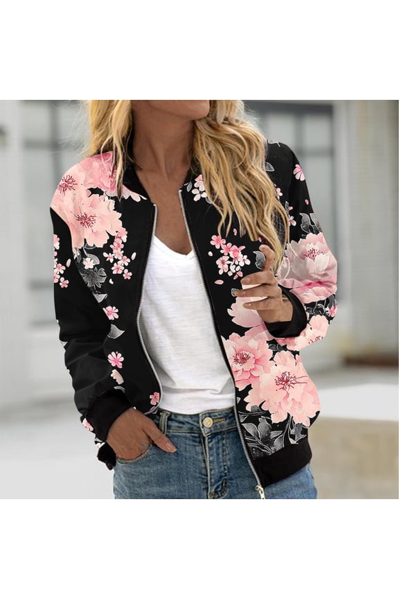 Gift Boho Tops for Women Floral Print Colorblock Striped Bomber Jackets Zip Up Lightweight Casual Loose Outerwear Fall Fashion Must Haves with Pocket
