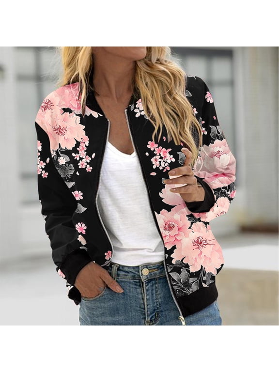 Gift Boho Tops for Women Floral Print Colorblock Striped Bomber Jackets Zip Up Lightweight Casual Loose Outerwear Fall Fashion Must Haves with Pocket