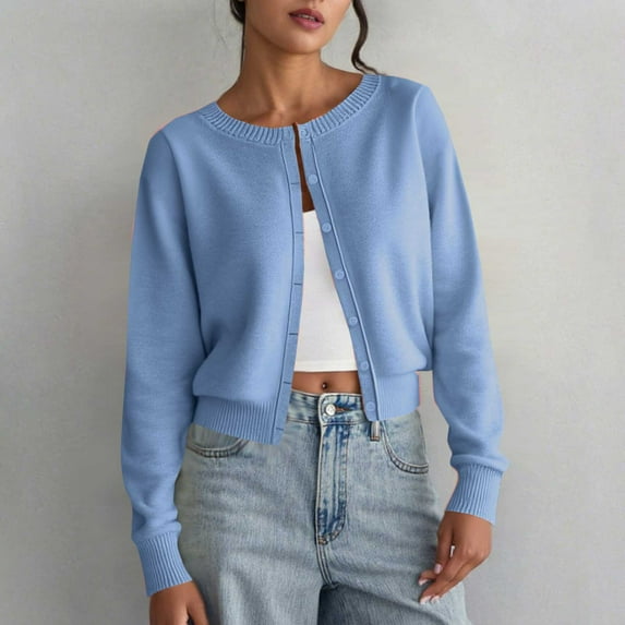 Pounoo Gift Cropped Cardigans for Women Classic Button-Up Long Sleeve Cardigans Sweater Jackets Casual Loose Comfy Sweater for Fall