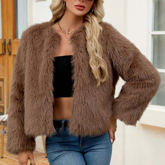 Pounoo Gift Cropped Fuzzy Fleece Coat for Women Winter Long Sleeve Open Front Fleece Cardigan Jackets Shaggy Parka Outerwear