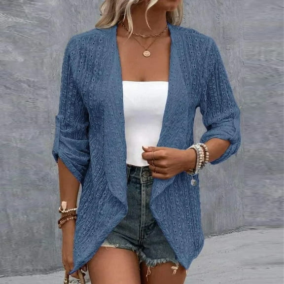 Pounoo Gift Lightweight Cardigan for Women Boho Soft Drape Coats Open Front Long Sleeve Ruffle Cardigans Jacquard Weave Cardigan
