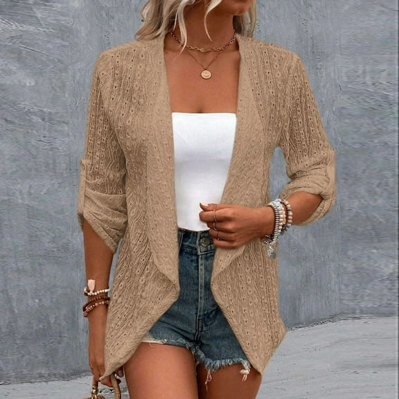 Pounoo Gift Lightweight Cardigan for Women Boho Soft Drape Coats Open Front Long Sleeve Ruffle Cardigans Jacquard Weave Cardigan