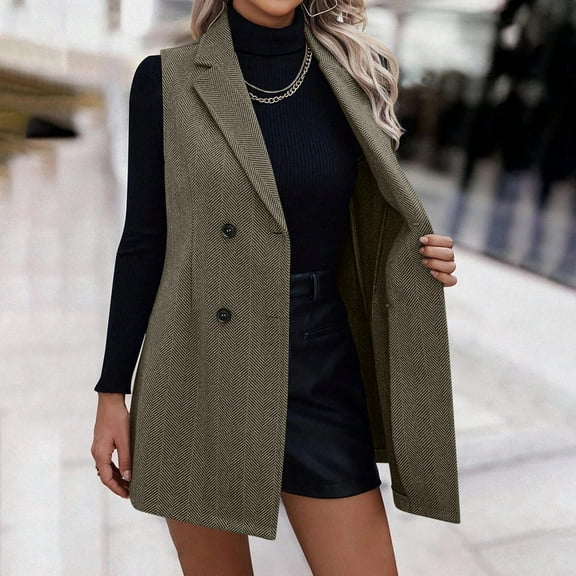 Pounoo Gift Tweed Blazer for Women Wool Blend Sleeveless Vest Lapel Collar Business Jacket Vintage Double Breasted Trench Coat